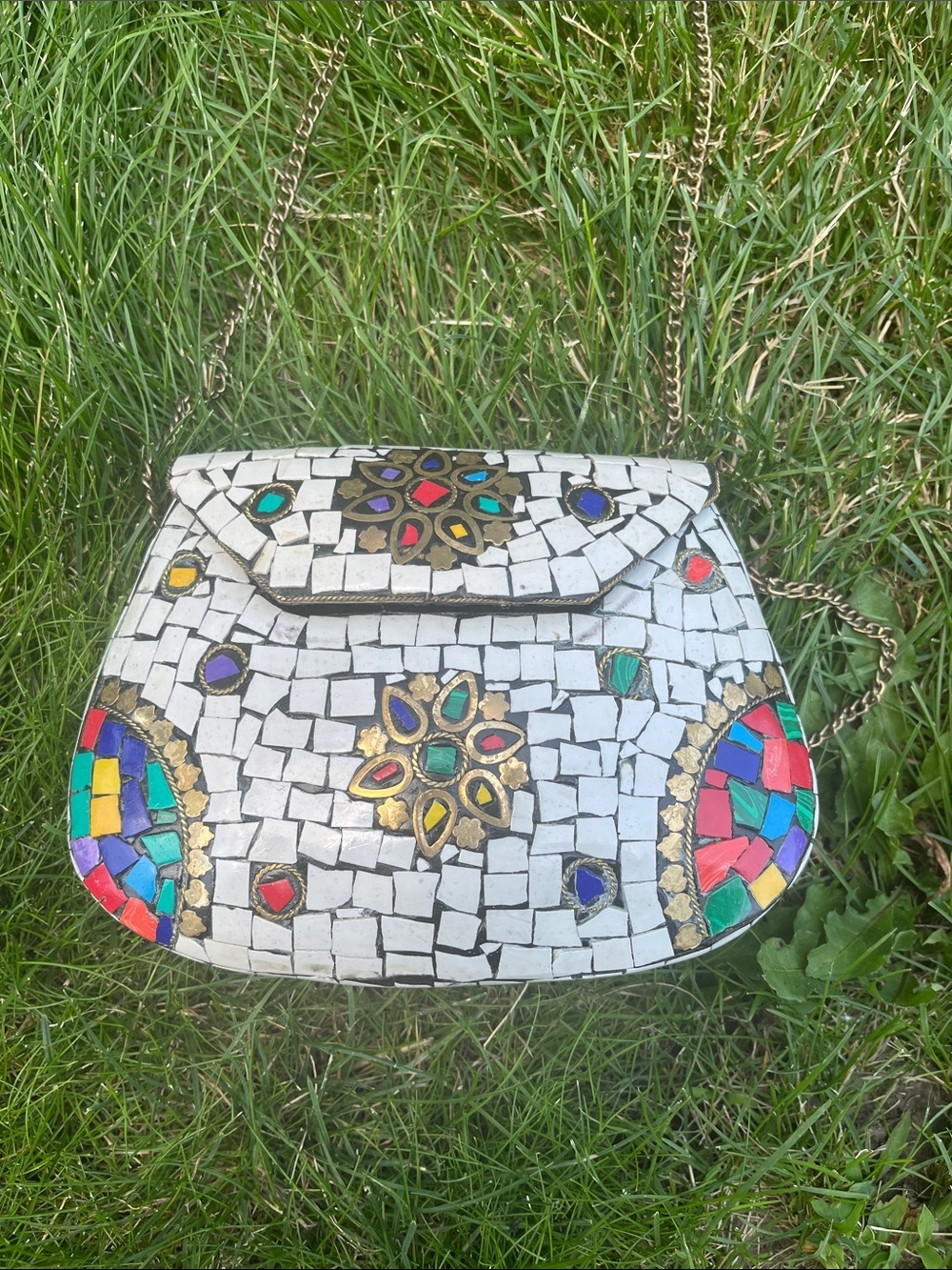 White Mosaic Multi-Color Tile Crossbody Bag with Gold Chain